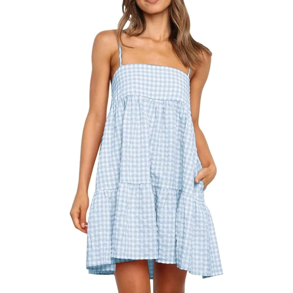 Wenrine Womens Summer Plaid Mini Dress Casual Spaghetti Strap Sleeveless A Line Beach Sundress With Pockets