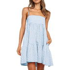 Wenrine Womens Summer Plaid Mini Dress Casual Spaghetti Strap Sleeveless A Line Beach Sundress With Pockets
