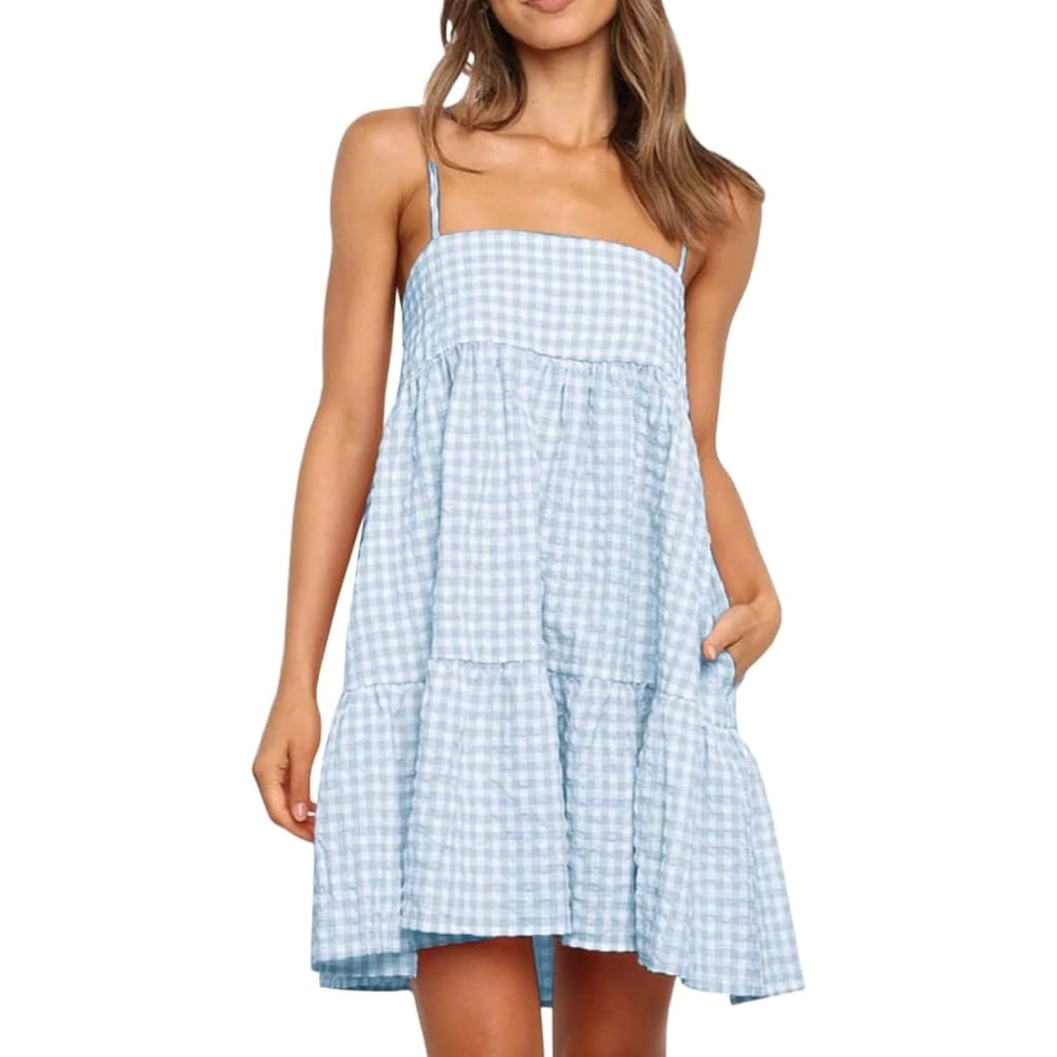 Wenrine Womens Summer Plaid Mini Dress Casual Spaghetti Strap Sleeveless A Line Beach Sundress With Pockets