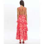 Women'S Floral Maxi Dress Sexy Deep V Neck Backless Ruffles Dresses Beach Party Wedding Guest Dress