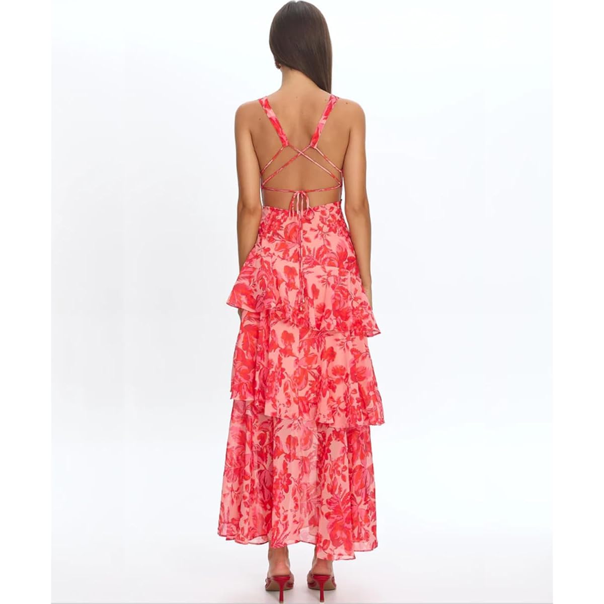 Women'S Floral Maxi Dress Sexy Deep V Neck Backless Ruffles Dresses Beach Party Wedding Guest Dress