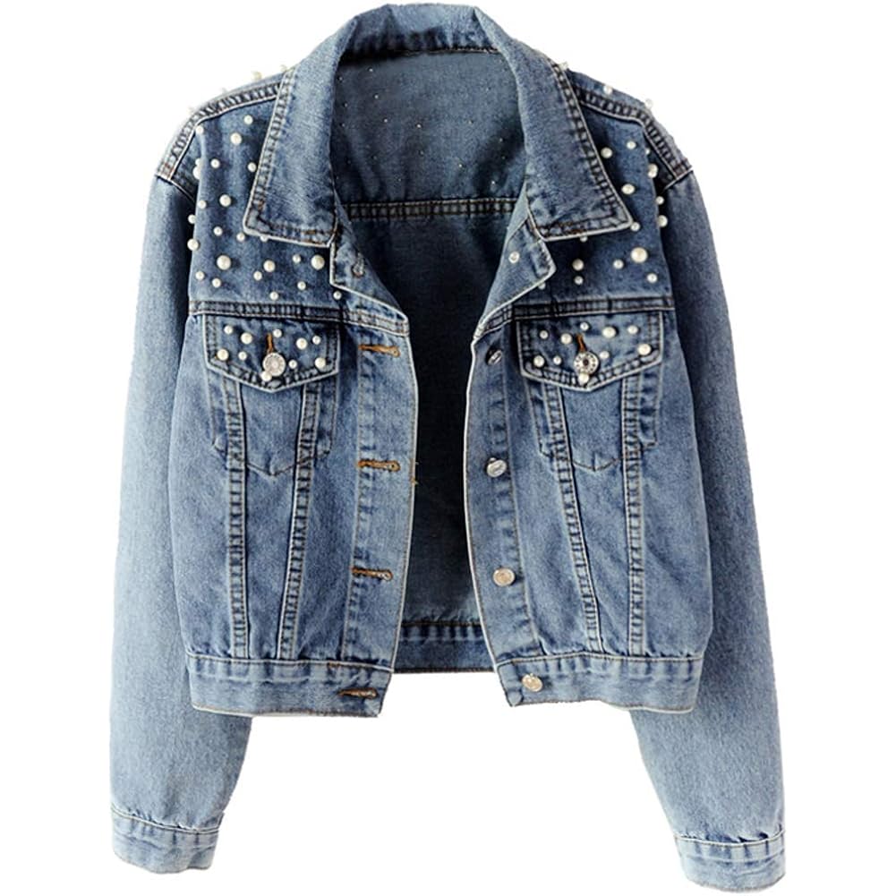 Women Oversized Denim Jacket Embroidered Pearls Beading Jeans Coat