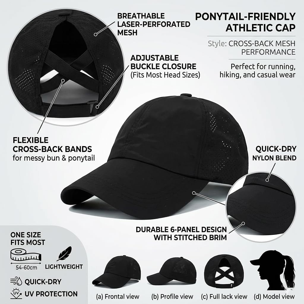 Criss-Cross Ponytail-Baseball-Cap for Women - Adjustable-High-Messy Bun Trucker-Hat Quick-Dry Mesh-Sun-Cap for Outdoor Black