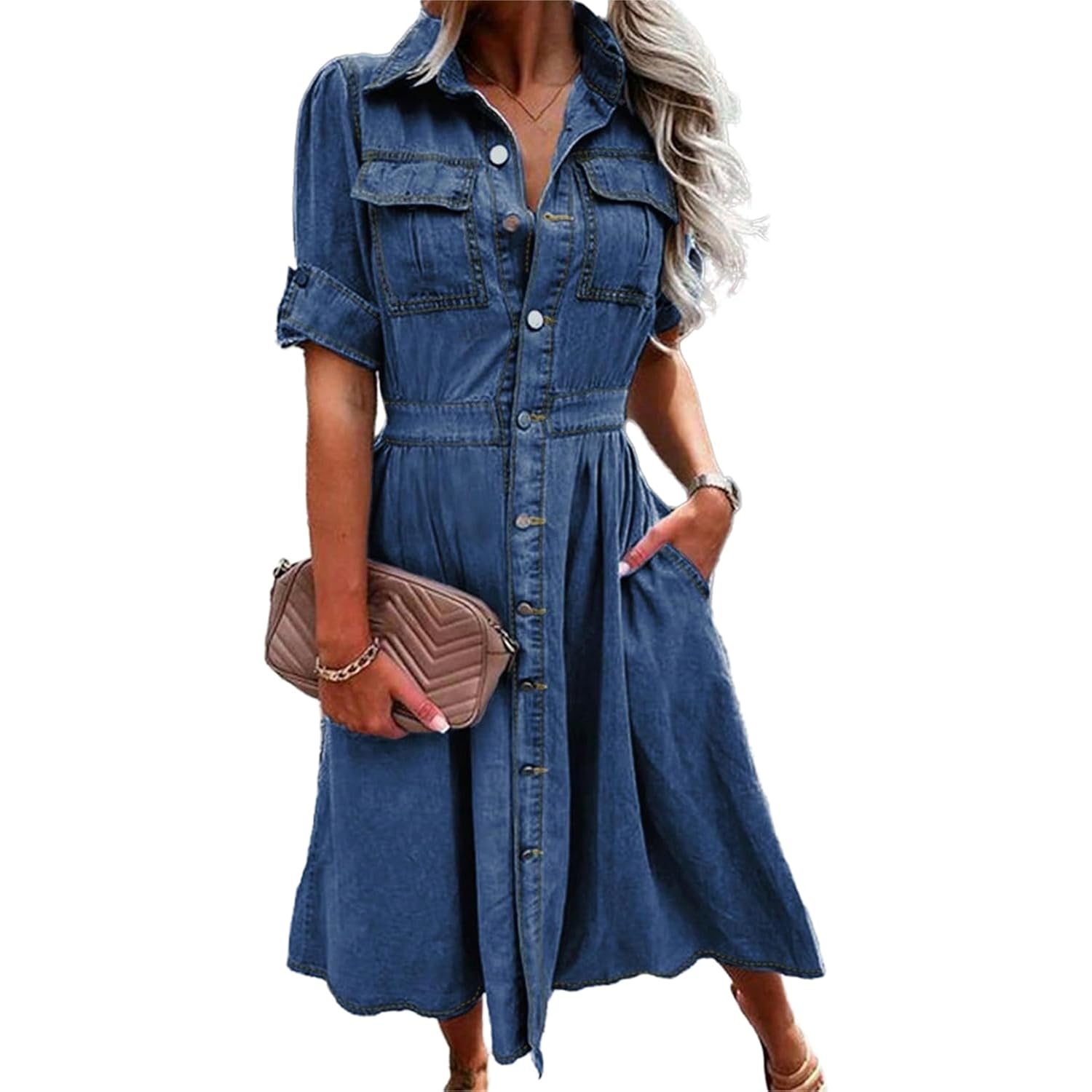 Women Denim Shirt Dress V Neck Short Sleeve Long Bottom Down A-Line Jeans Dresses With Pockets