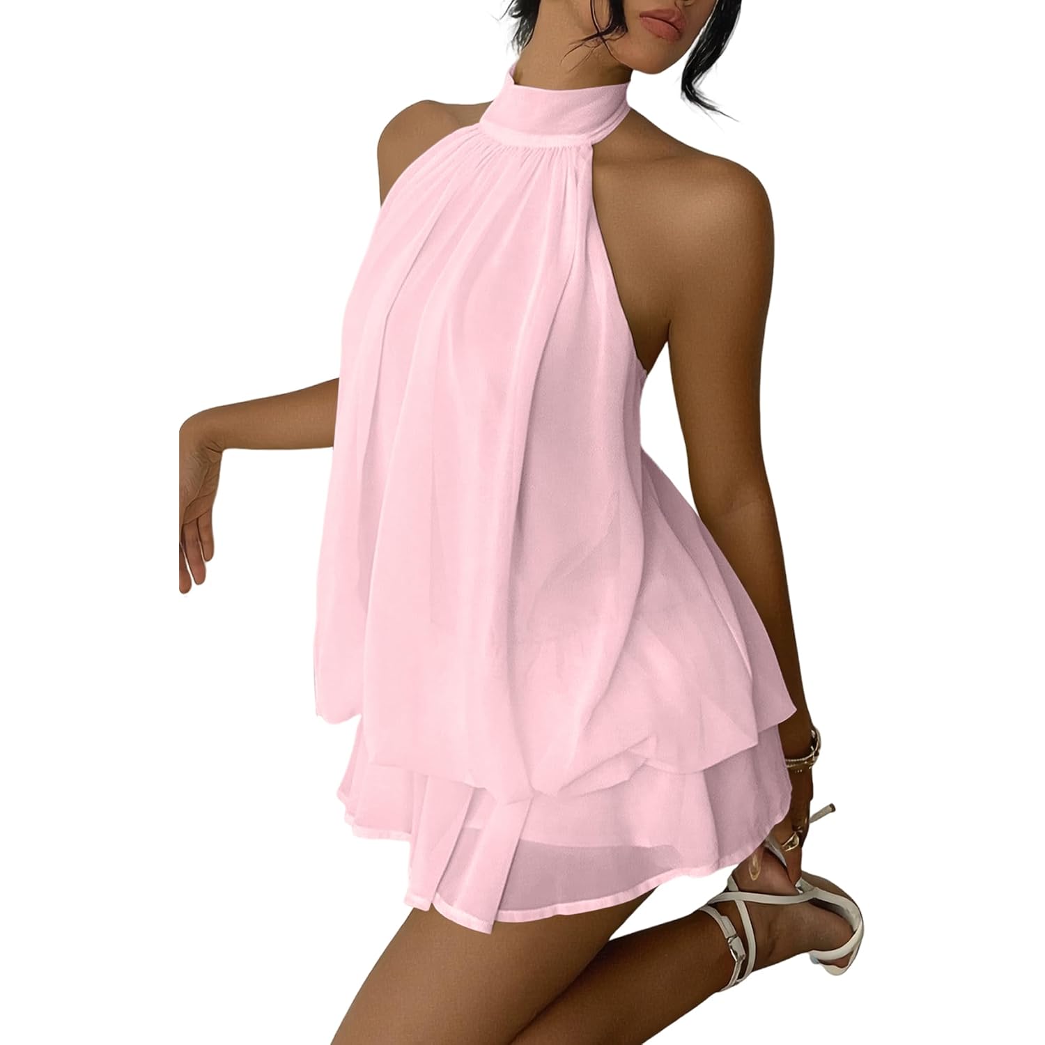 Women'S Chiffon Halter Drop Waist Mini Dress Wedding Guest Dresses Ruffle Formal Club Holiday Brunch Outfits