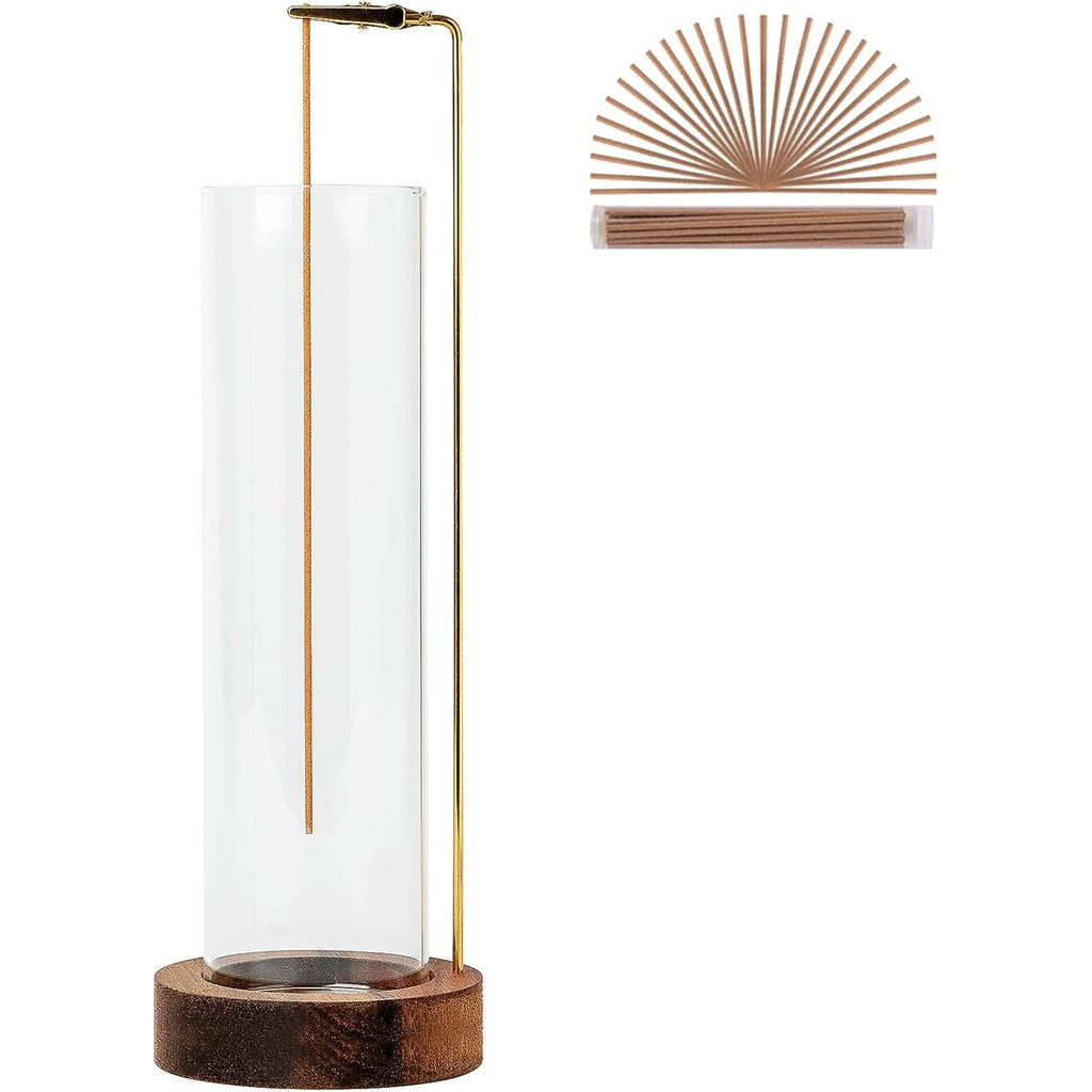 Incense Holder For Sticks, Anti-Ash Flying Incense Burner With 30 Incense Sticks, Detachable Glass Ash Catcher (Wood, Brown)