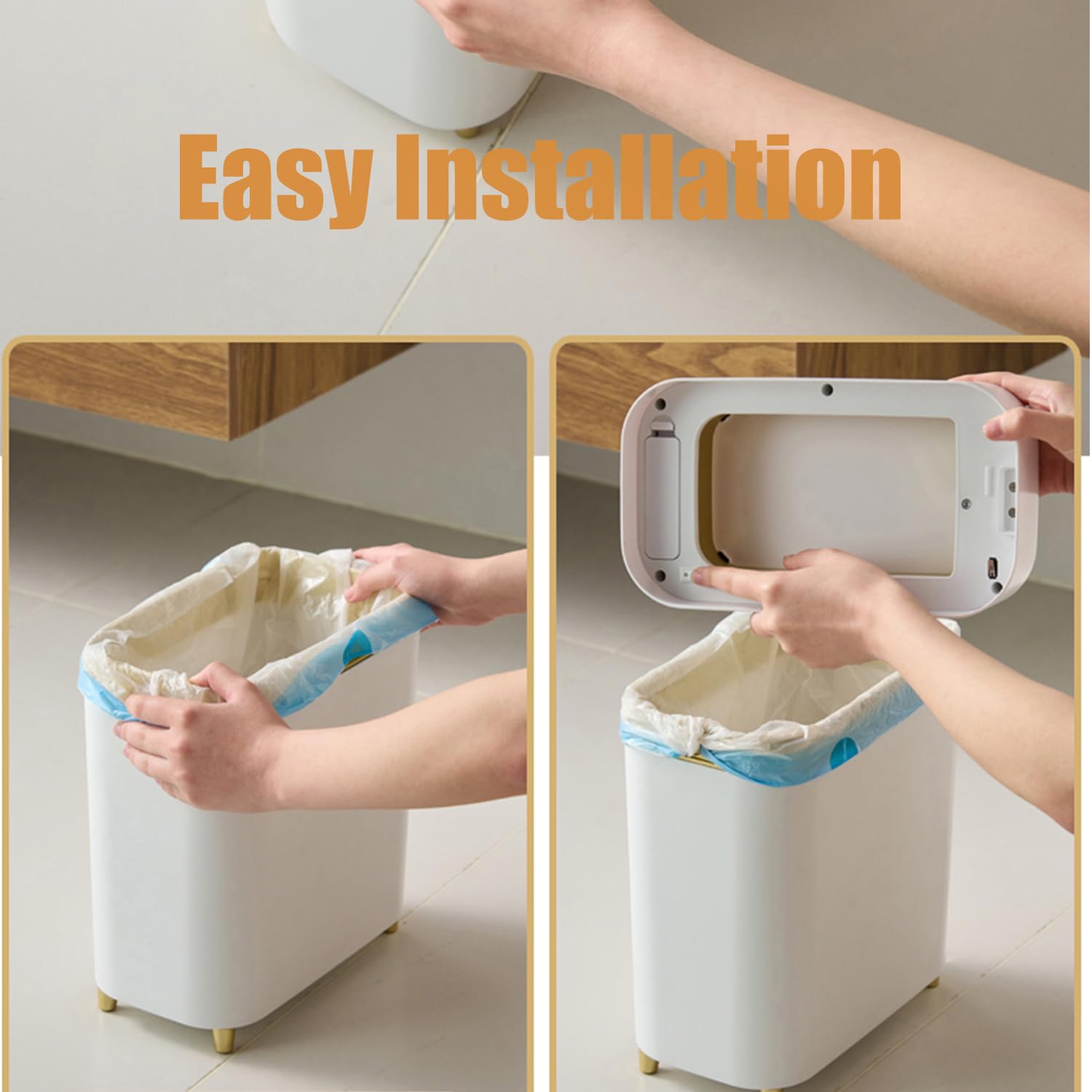 Yatmung 2-Pack - Automatic Compact Trash Can With Touchless Lid Smart Garbage Can - Waste Basket For Bathroom, Bedroom, Laundry Room, Small Spaces - Motion Sensor Trash Bin - White With Gold Edge