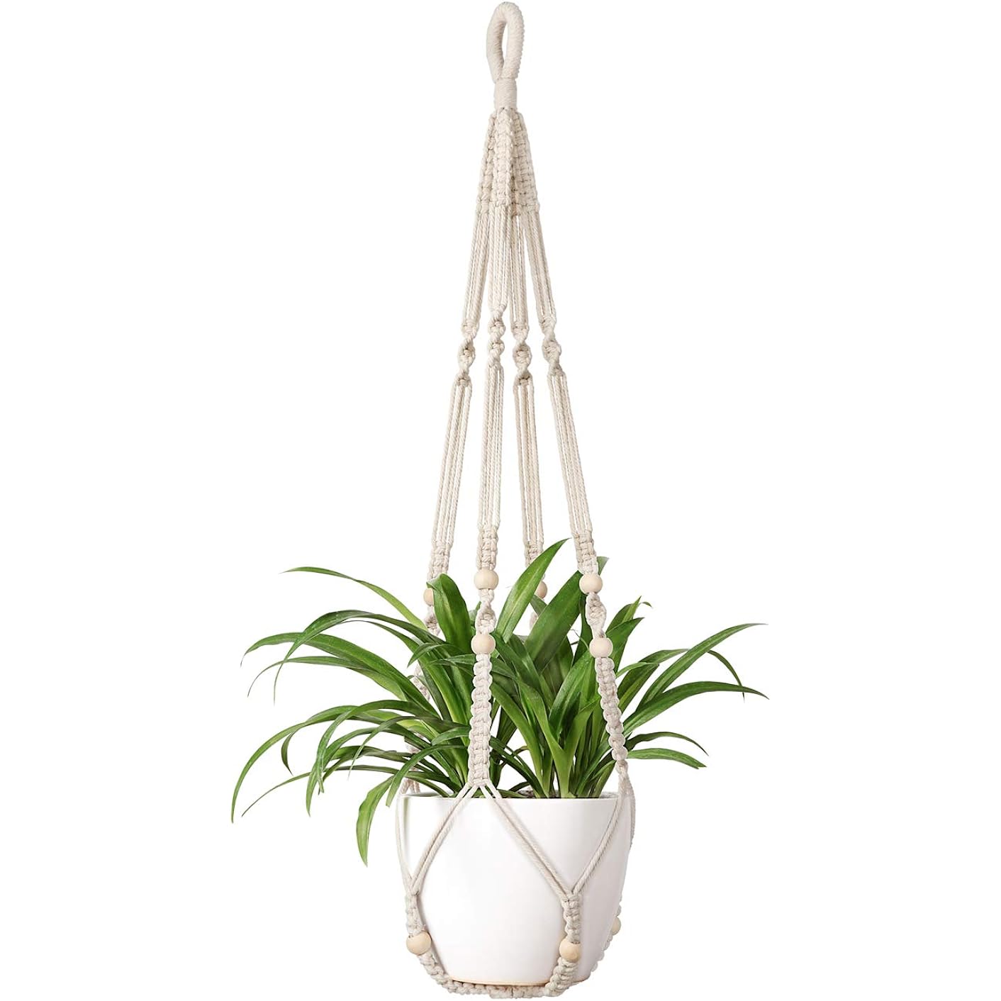 Mkono Macrame Plant Hanger Indoor Hanging Planter Basket With Wood Beads Decorative Flower Pot Holder No Tassels For Indoor Outdoor Boho Home Decor 35 Inch, Ivory, Set Of 1 (Pots Not Included)