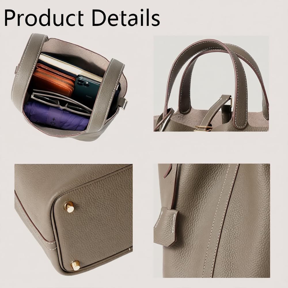 Genuine Leather Lock Design Bucket Bag Vegetable Basket, Fashionable And Versatile Satchel Handbag