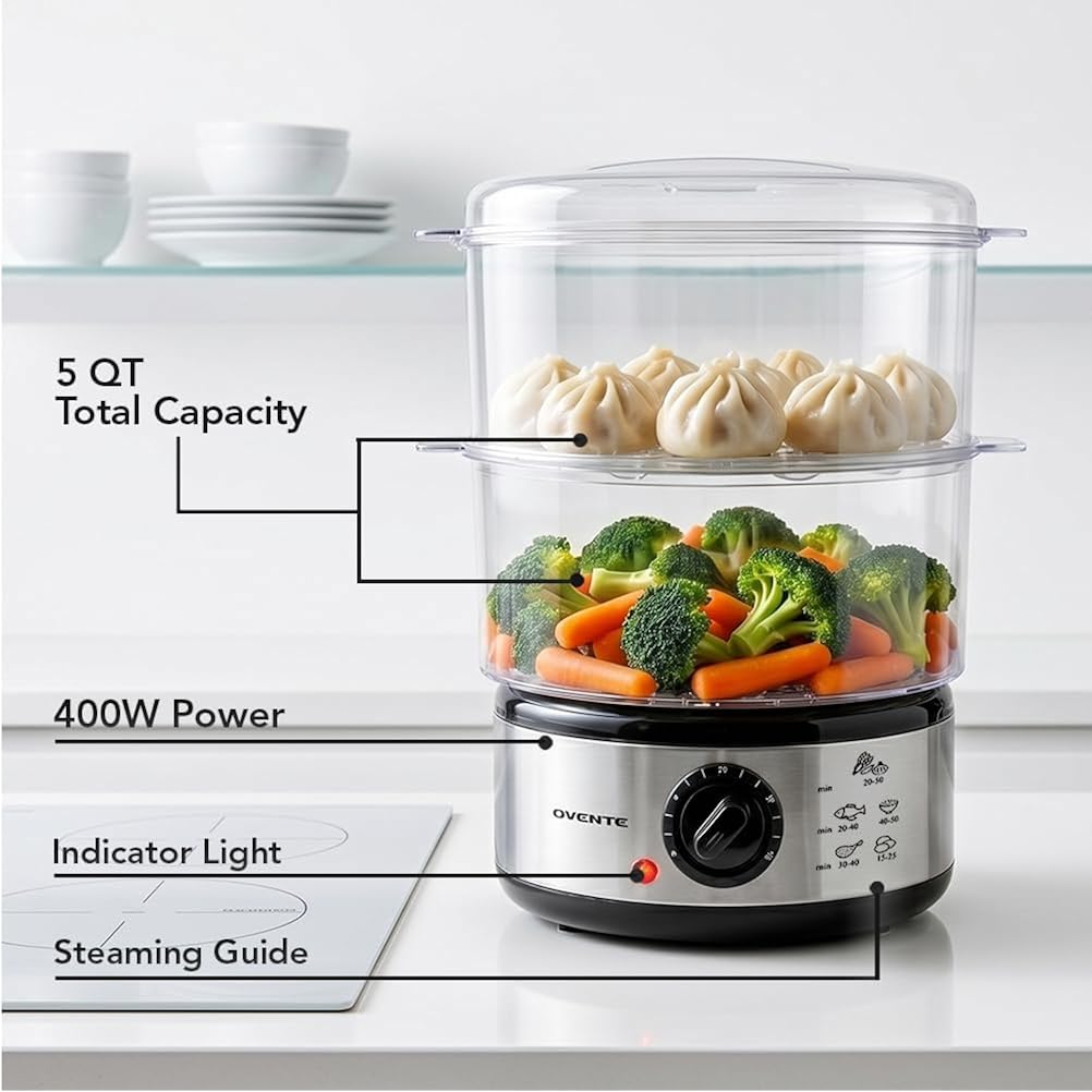 Ovente 2-Tier Electric Food Steamer, 5 Quart Stainless Steel Stackable Steam Cooker With 400W Power, 60-Minute Timer & Auto Shut-Off, Dishwasher Safe, Healthy Vegetable & Seafood Steamer, Silver Fs62S