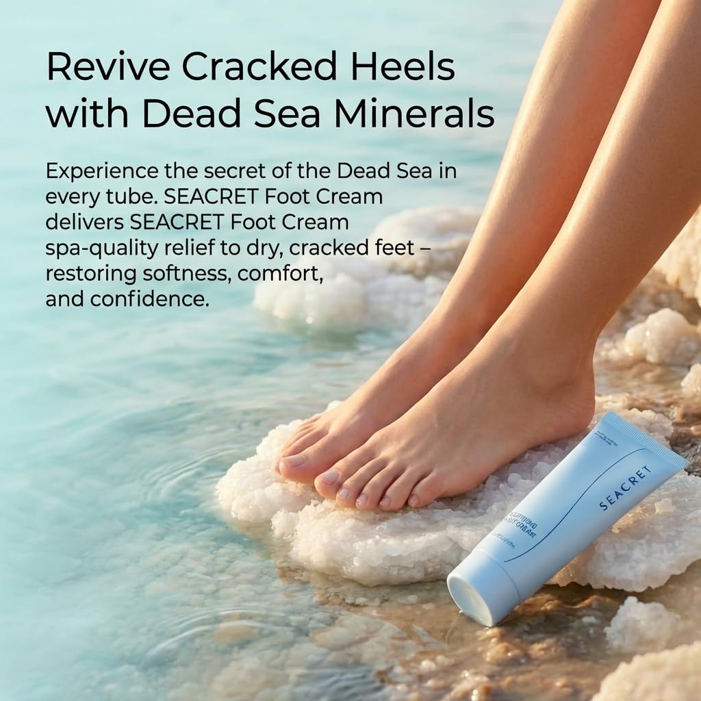 SEACRET Dead Sea Foot Cream - Deep Moisture Heel Repair with Tea Tree Oil, Shea & Cocoa Butter, Rapid Absorption Formula for Dry, Cracked & Rough Skin, Hypoallergenic, Paraben-Free & Vegan, 3.4 fl oz