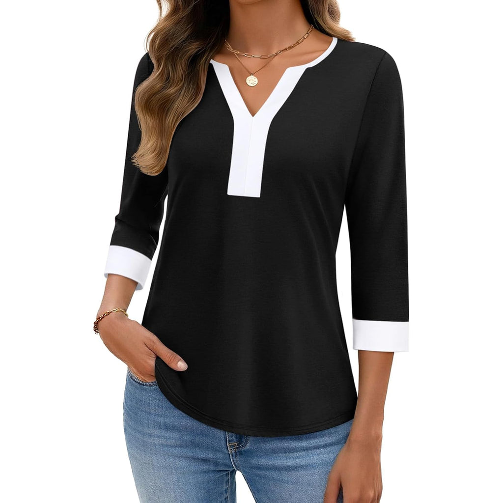 3/4 Length Sleeve Womens Tops Dressy Casual Blouses for Women V Neck Trendy T Shirts Dress Shirts Work Tops