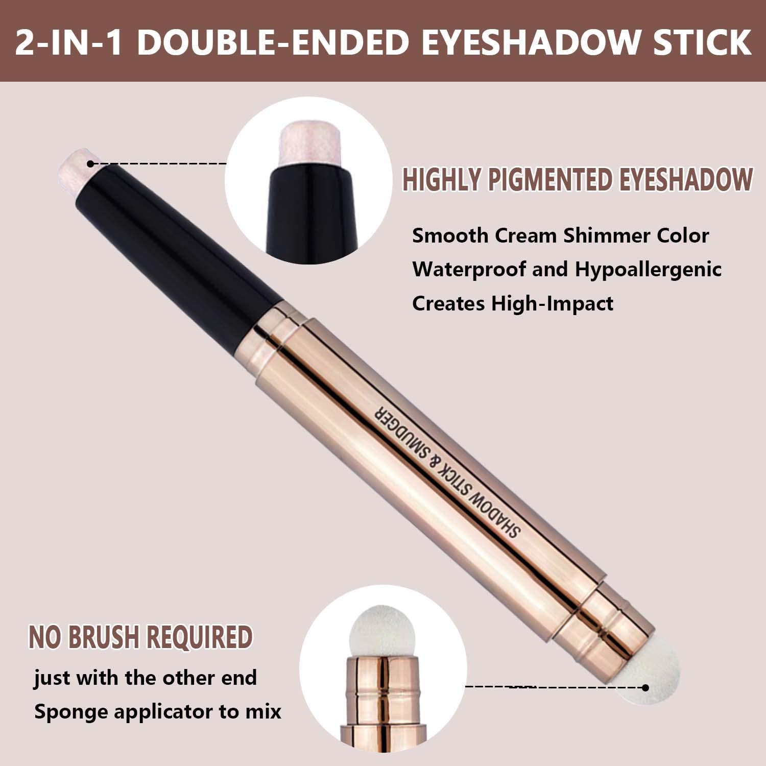 Saubzean Light Gold Eyeshadow Stick Makeup, Waterproof Hypoallergenic Long Lasting Crayon, Glitter Primer Palette Shimmer Eyeliner Pen With Soft Brush