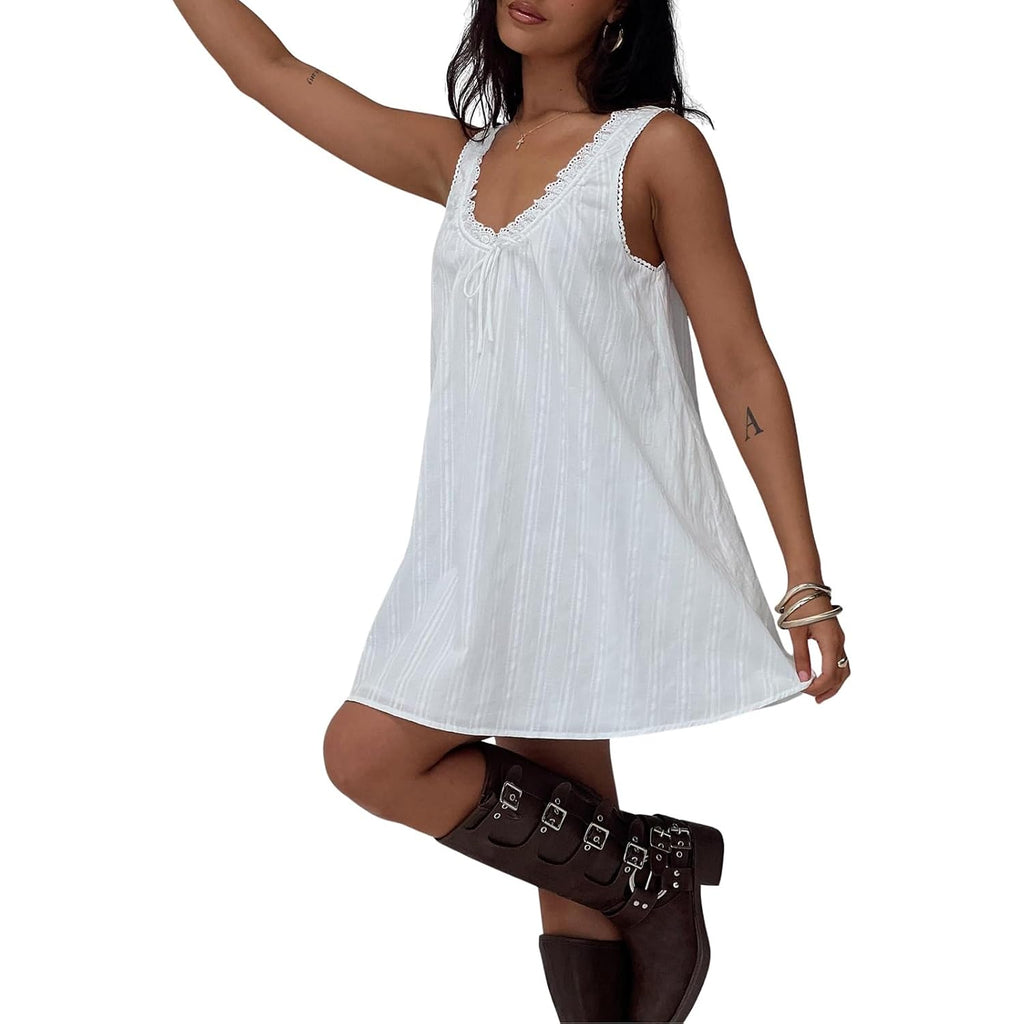 Womens Babydoll Tank Dress Y2K Lace Trim Square Neck Mini Dress Loose Aesthetic Sleeveless Flowy Backless Short Sundress