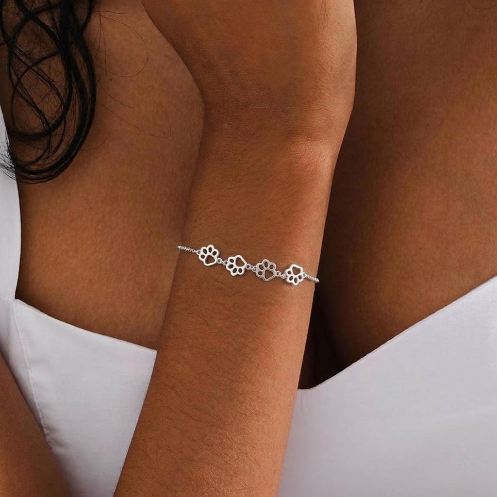BISAER 925 Sterling Silver Paw Print Charm Bracelet for Women Cute Cat Dog Paw Bracelet Adjustable Slider Bracelet for Dog Pet Lover Jewelry Gifts