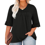 Womens Plus Size Tops 3/4 Sleeve Casual Shirts V Neck Ruffle Loose Fit Tunic Blouse Xl-5X