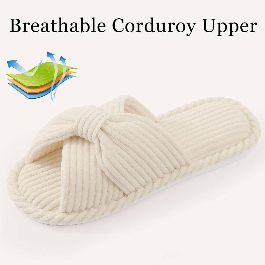 Evshine Summer House Slippers For Women Corduroy Cross Bow Indoor Slippers Open Toe Slip On Bedroom Shoes With Memory Foam