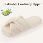 Evshine Summer House Slippers For Women Corduroy Cross Bow Indoor Slippers Open Toe Slip On Bedroom Shoes With Memory Foam