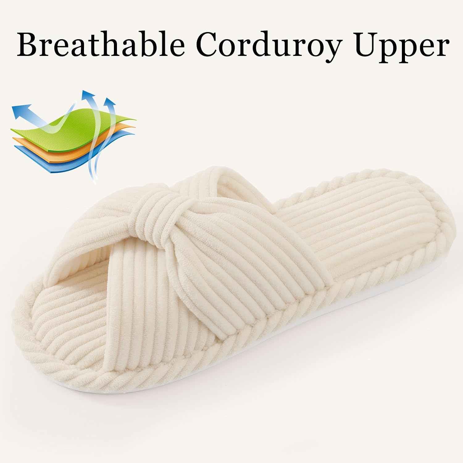 Evshine Summer House Slippers For Women Corduroy Cross Bow Indoor Slippers Open Toe Slip On Bedroom Shoes With Memory Foam