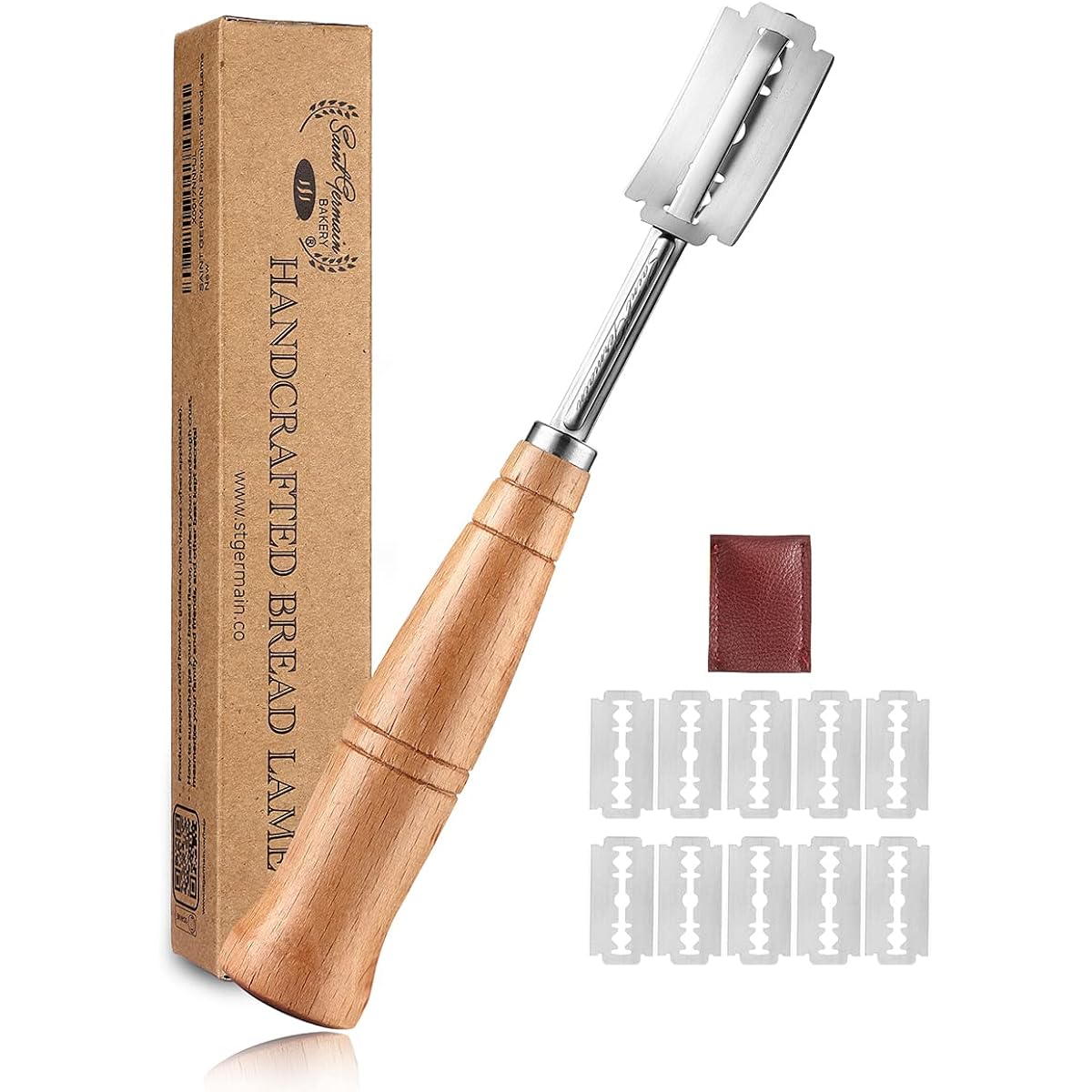 "SAINT GERMAIN Premium Hand Crafted Bread Lame for Dough Scoring Knife, Lame Bread Tool for Sourdough Bread Slashing with 10 Blades Included with Replacement with Authentic Leather Protector Cover"