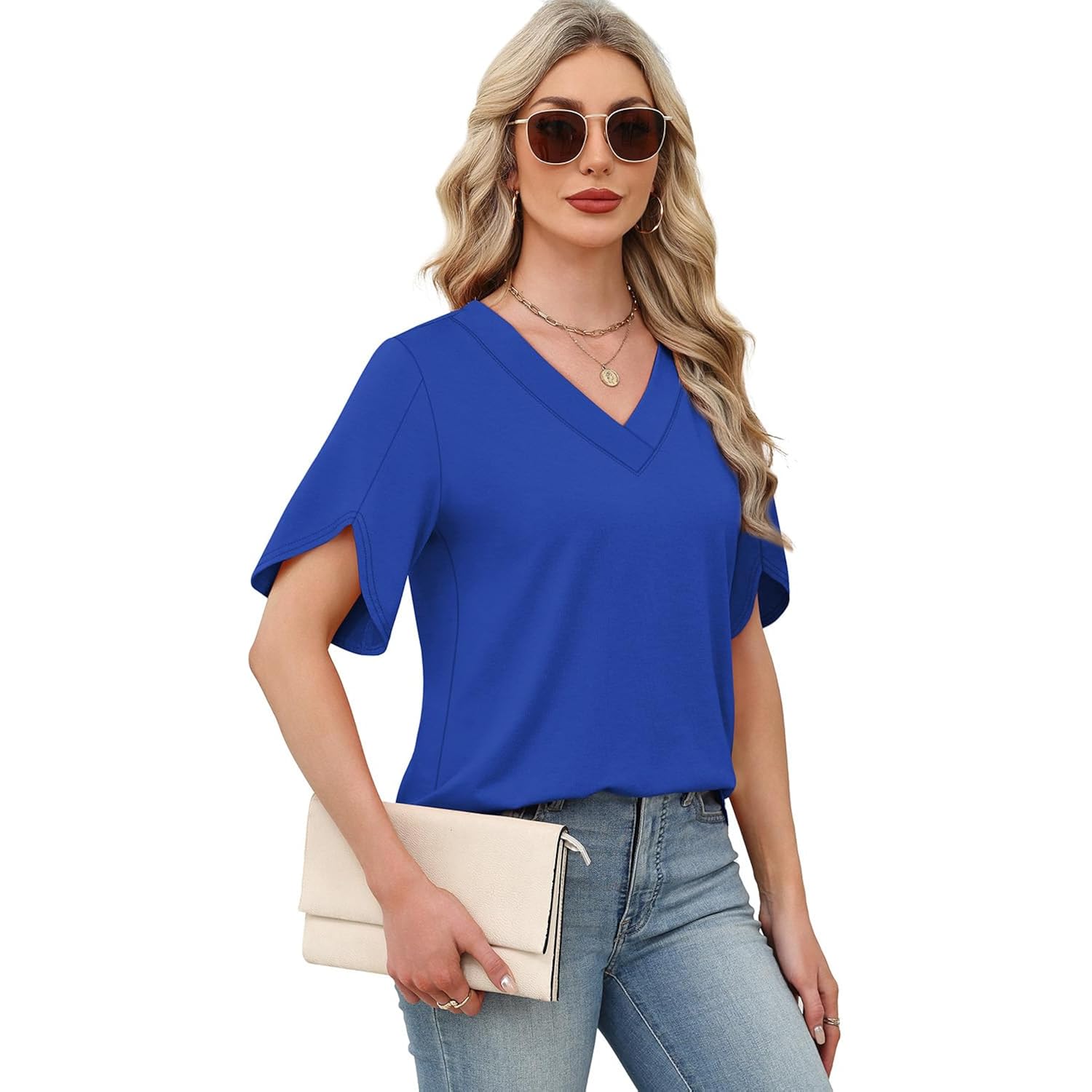 WIHOLL Womens Summer Tops Short Petal Sleeve Shirts Fashion V Neck Womens Clothing