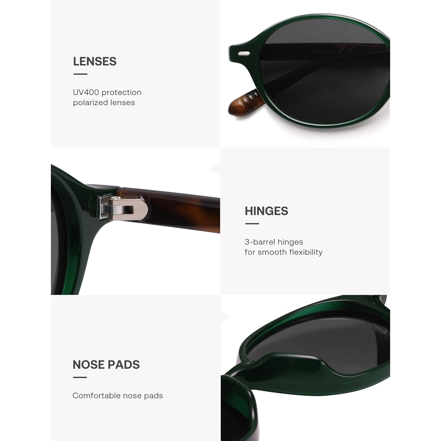 SOJOS Retro Oval Round Polarized Sunglasses Womens Mens, Small Chic Vintage Trendy Sunnies SJ2611 Dark Green/Grey