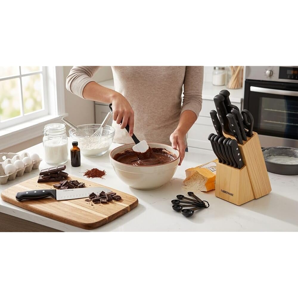 Farberware Knife Block Set 22-Piece Kitchen Knife Set With High-Carbon Stainless Steel Blades, Non-Slip Handles, Chef Knife, Santoku, Steak Knives, Scissors, Sharpening Steel, And Storage Block