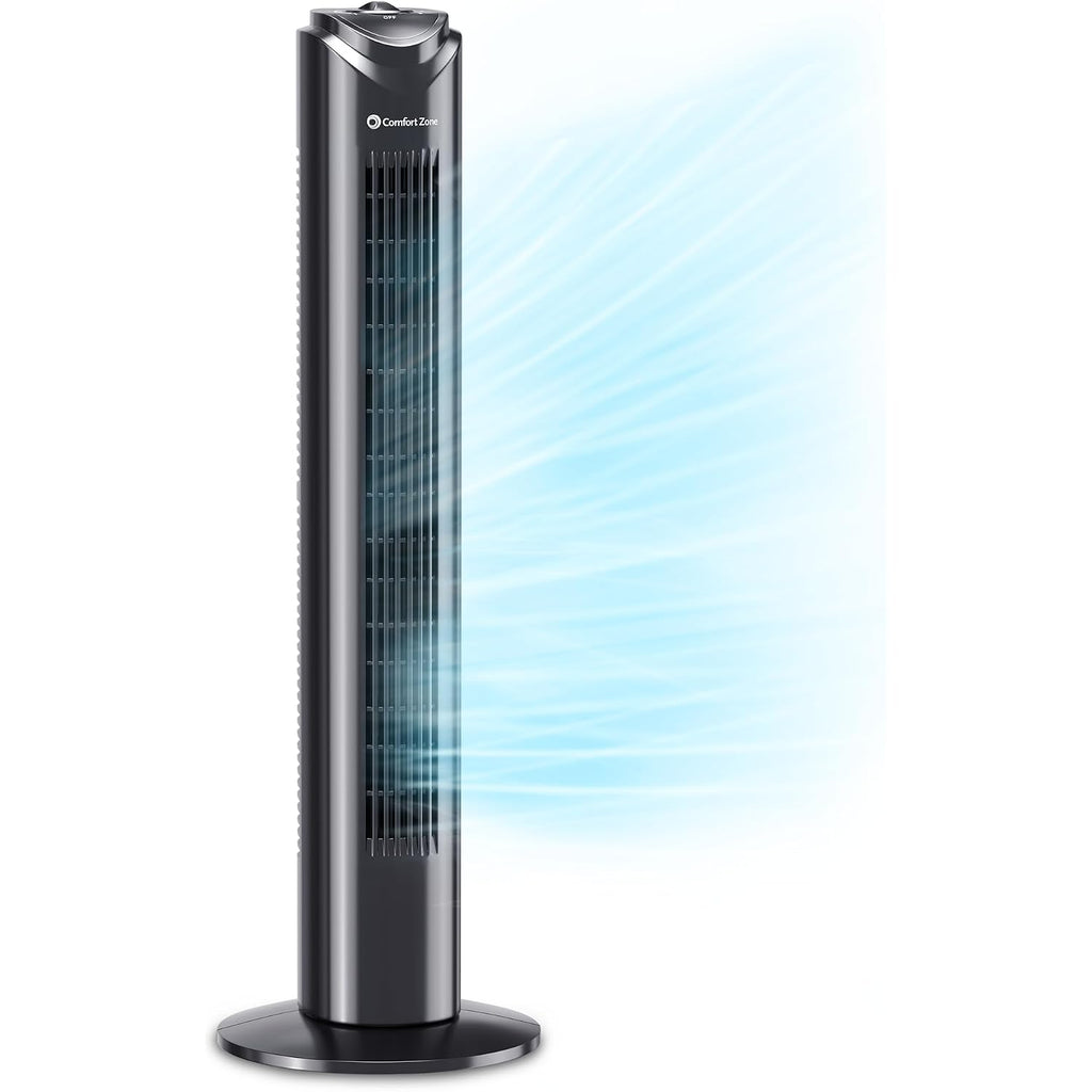 Comfort Zone 32-Inch Oscillating Tower Fan – Ultra-Slim Bladeless Design With 3 Speeds, 90° Wide Oscillation & Built-In Carry Handle – Quiet Portable Standing Fan For Bedroom, Home, Or Office, Black