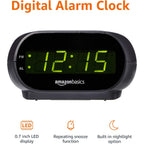 Amazon Basics Small Digital Oval Alarm Clock With Led Display, Nightlight, Snooze Function & Battery Backup, Black, 4.5 X 3.5 X 2.4 Inches