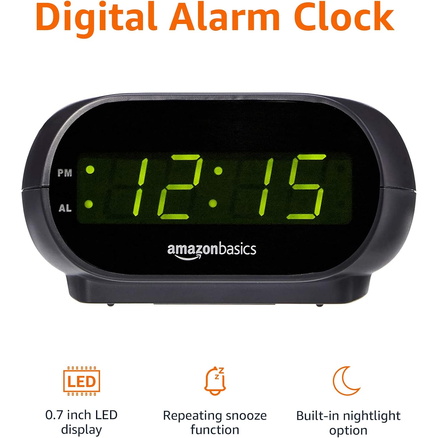 Amazon Basics Small Digital Oval Alarm Clock With Led Display, Nightlight, Snooze Function & Battery Backup, Black, 4.5 X 3.5 X 2.4 Inches
