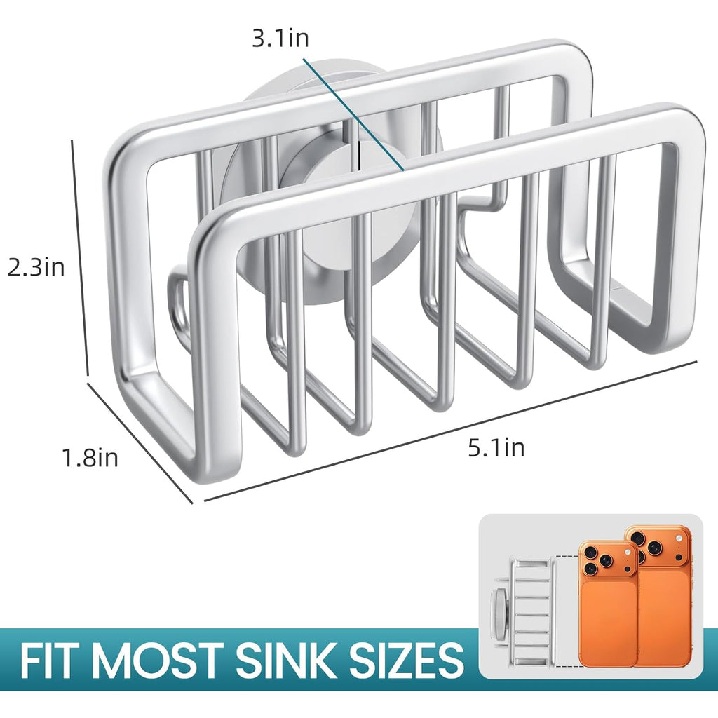 Taili Sponge Holder For Kitchen Sink With Strong Suction Cup, Rustproof Aluminum Sink Caddy For Sponges, Removable Sponge Holder, Dish Brush For Scraper - Silver