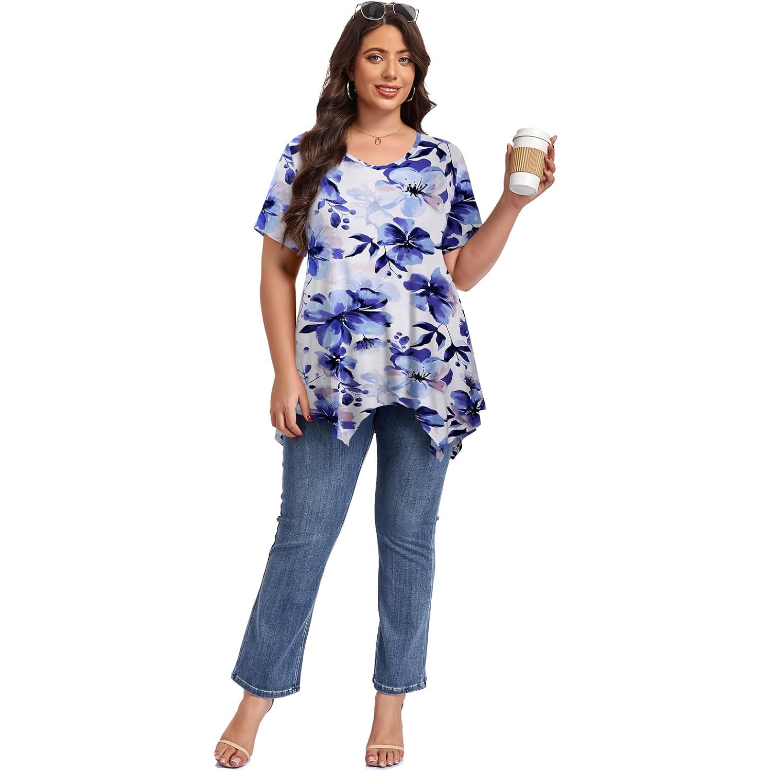 Larace Plus Size Tops For Womens Summer Clothes Short Sleeve Shirts Casual V Neck Tunic Asymmetrical Blouses