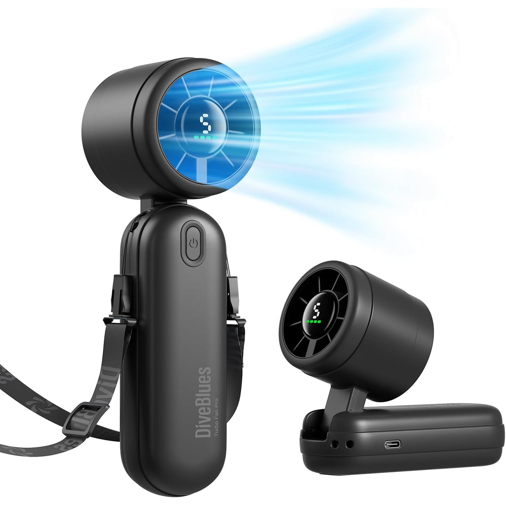 Diveblues Mini Portable Handheld Turbo Fan 27Ft/S, 4000Mah Battery | Quiet Motor, 12H Max Cooling, 5 Speeds, Led Display, 3-In-1 Handheld/Neck/Desk Fan For Travel, Cruise & Disney Essentials