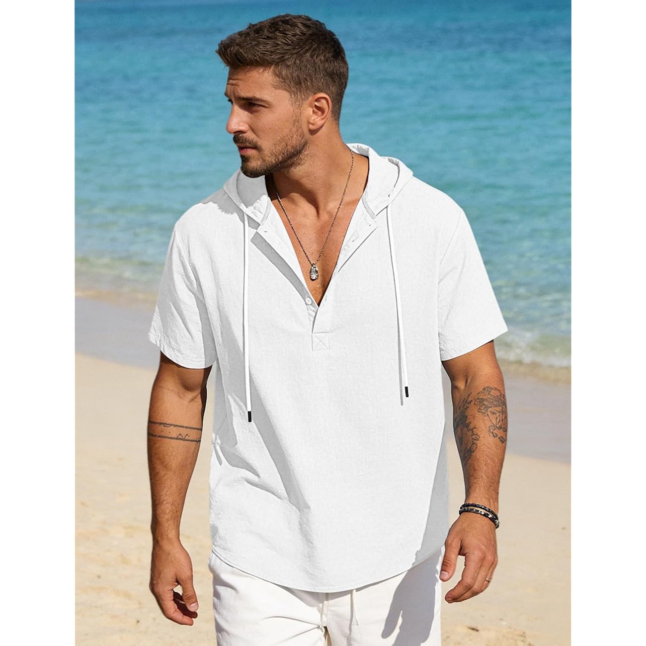 Men'S Cotton Linen Shirts Short Sleeve Casual Button Down Hoodies Summer Hawaiian Beach Top With Drawstring