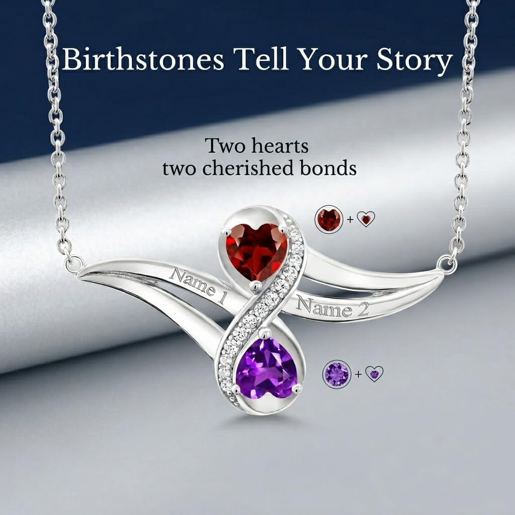 Gem Stone King 925 Sterling Silver Customized and Personalized Engraved Gemstone Birthstone 2 Heart Shape Pendant Necklace Promise Love Jewelry For Women with 18 Inch Silver Chain