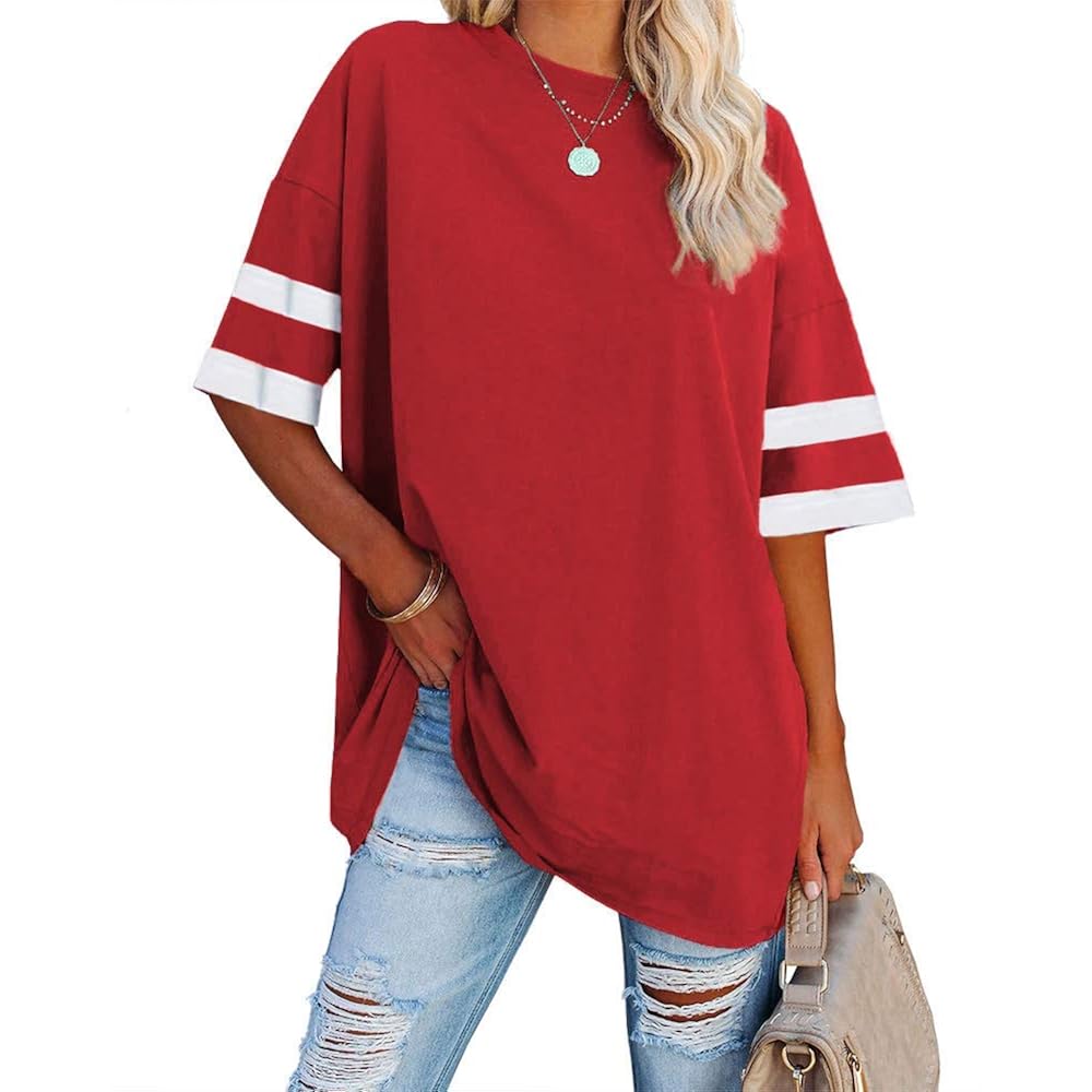 Fisoew Womens Oversized Tees Loose T Shirts Half Sleeve Crew Neck Color Block Cotton Tunic Tops