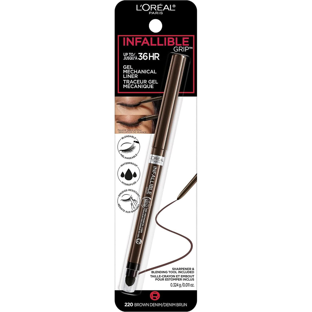 L'Oreal Paris Infallible Grip Mechanical Gel Eyeliner Pencil, Smudge-Resistant, Waterproof Eye Makeup With Up To 36Hr Wear, Brown Denim, 0.01 Oz