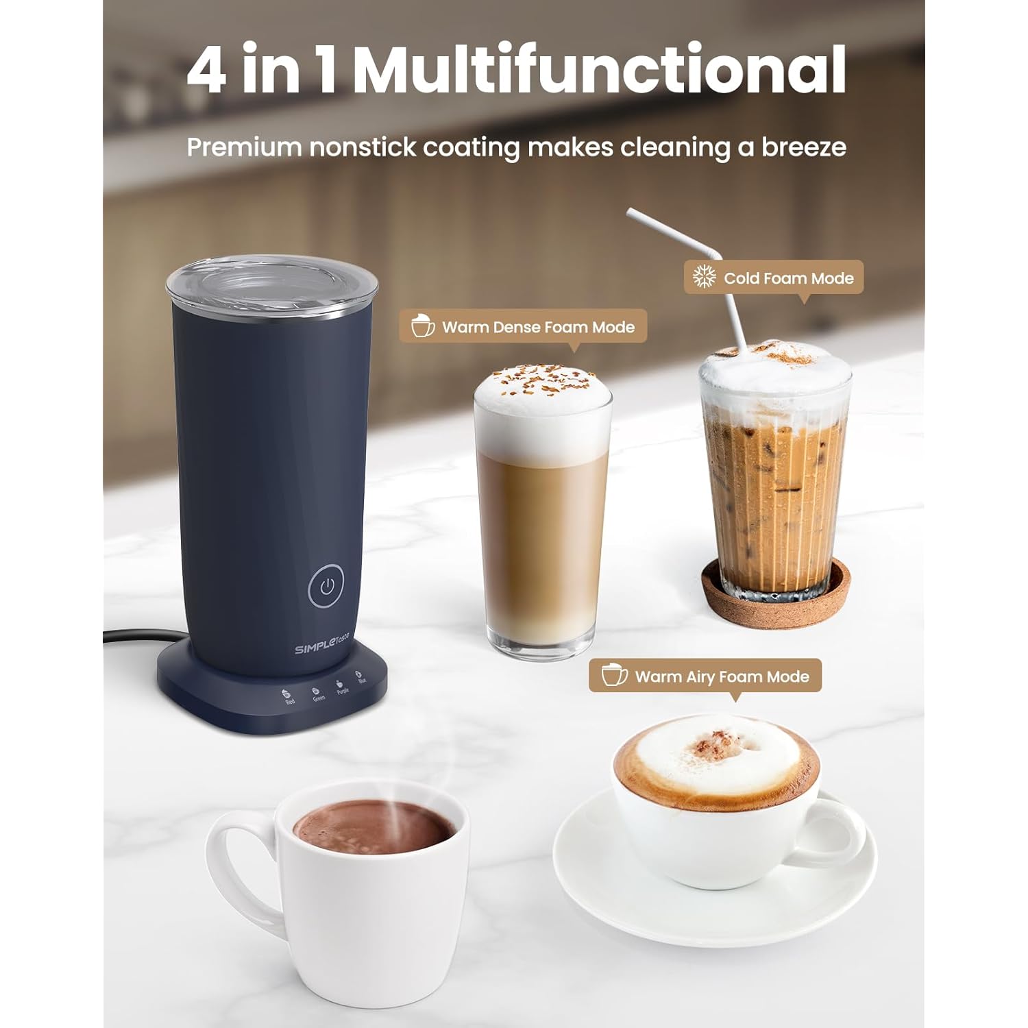 SIMPLETASTE Milk Frother, 4-in-1 Electric Milk Frother and Steamer, Automatic Warm and Cold Foam Maker and Milk Warmer for Latte, Cappuccinos, Dark Blue