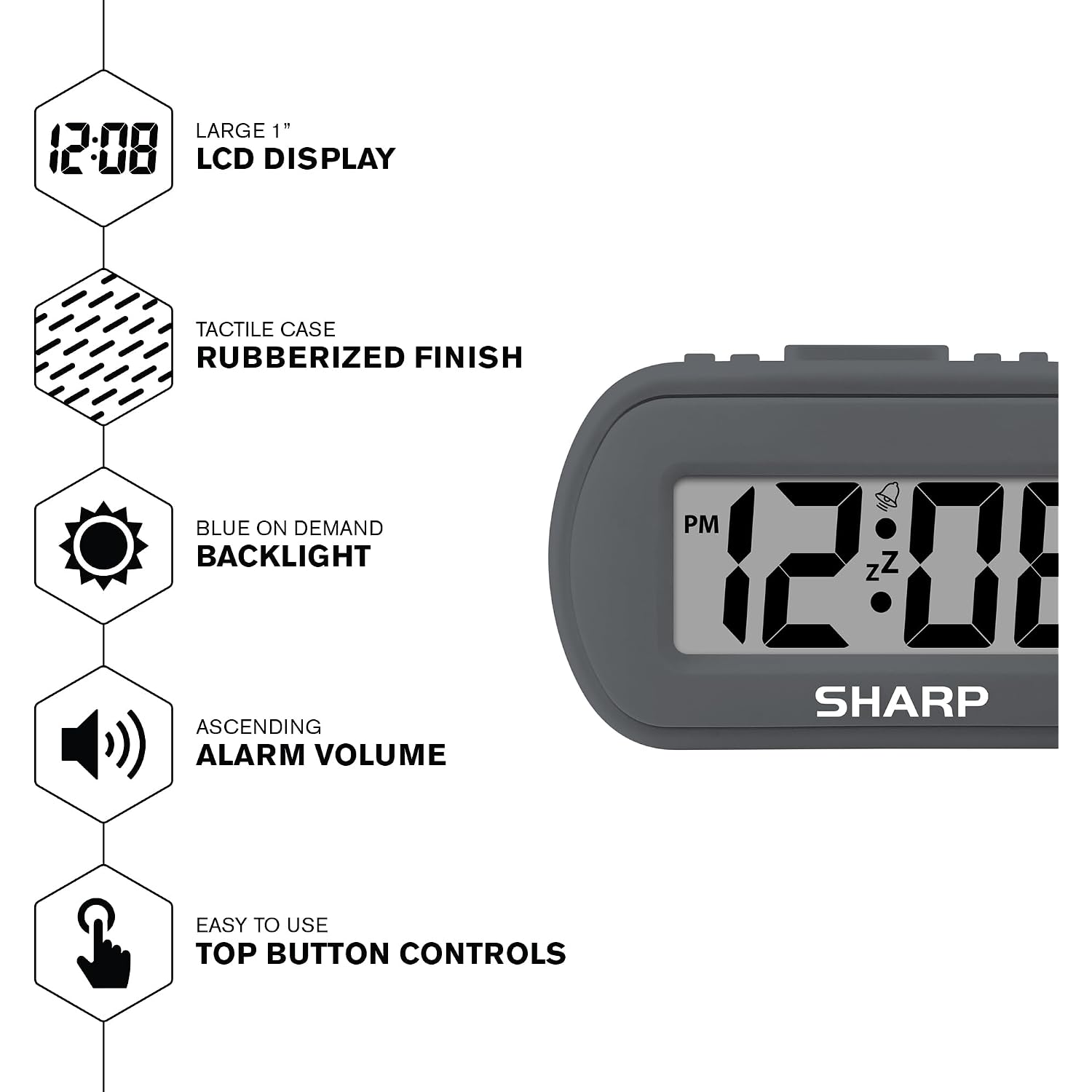 Sharp Digital Alarm Clock – Tactile Plastic Case With Soft Rubberized Finish - Battery Operated – Blue Backlight On Demand – Ascending Alarm – Easy To Use – Charcoal Black