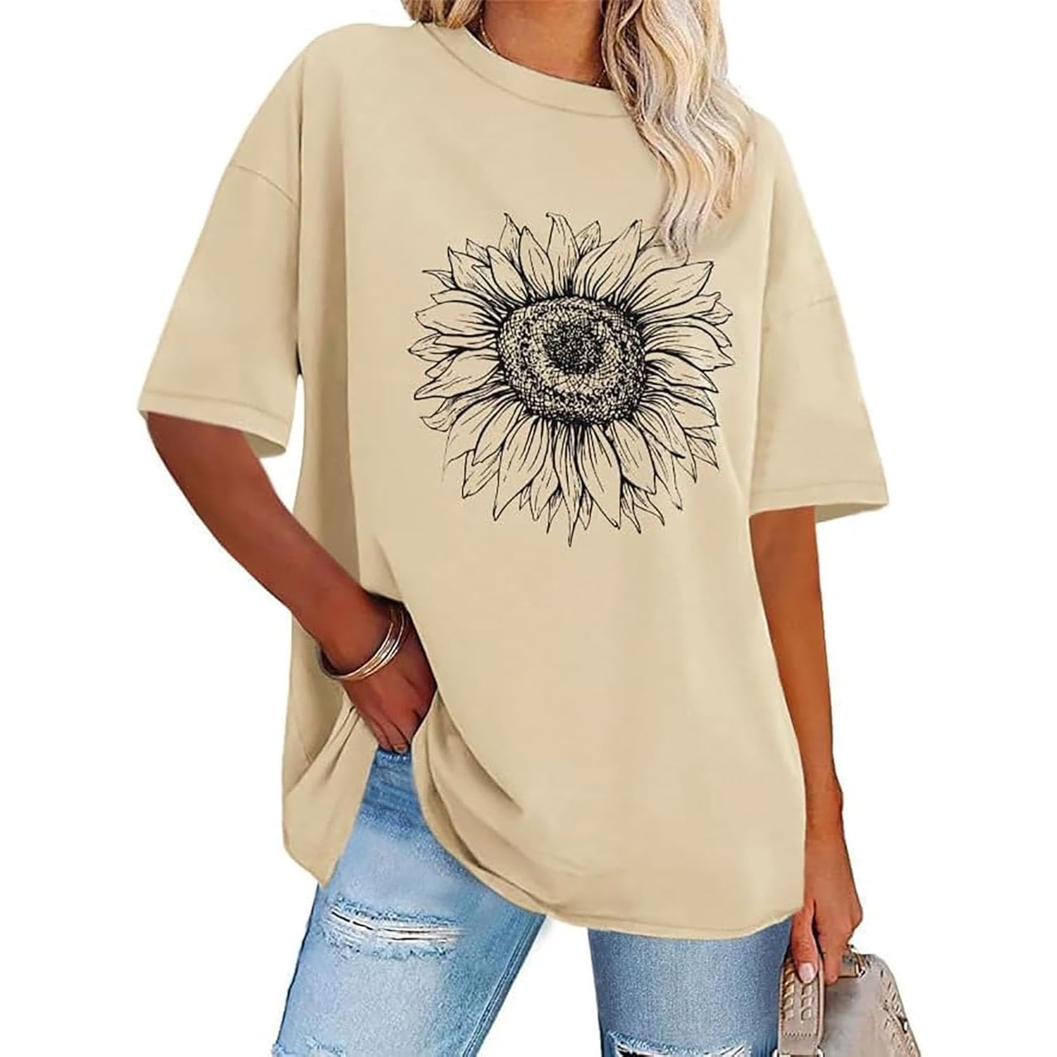 Womens Oversized Tshirt Graphic Tees Crew Neck Summer Short Sleeve Loose Fit Tops 2026 A-sunflower Print Khaki
