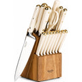 Martha Stewart Knife Block Set 16-Piece - Lockton High Carbon Stainless Steel Forged Full Tang Chef Knives, Acacia Wood Block, Triple Riveted Handles, Linen White & Gold