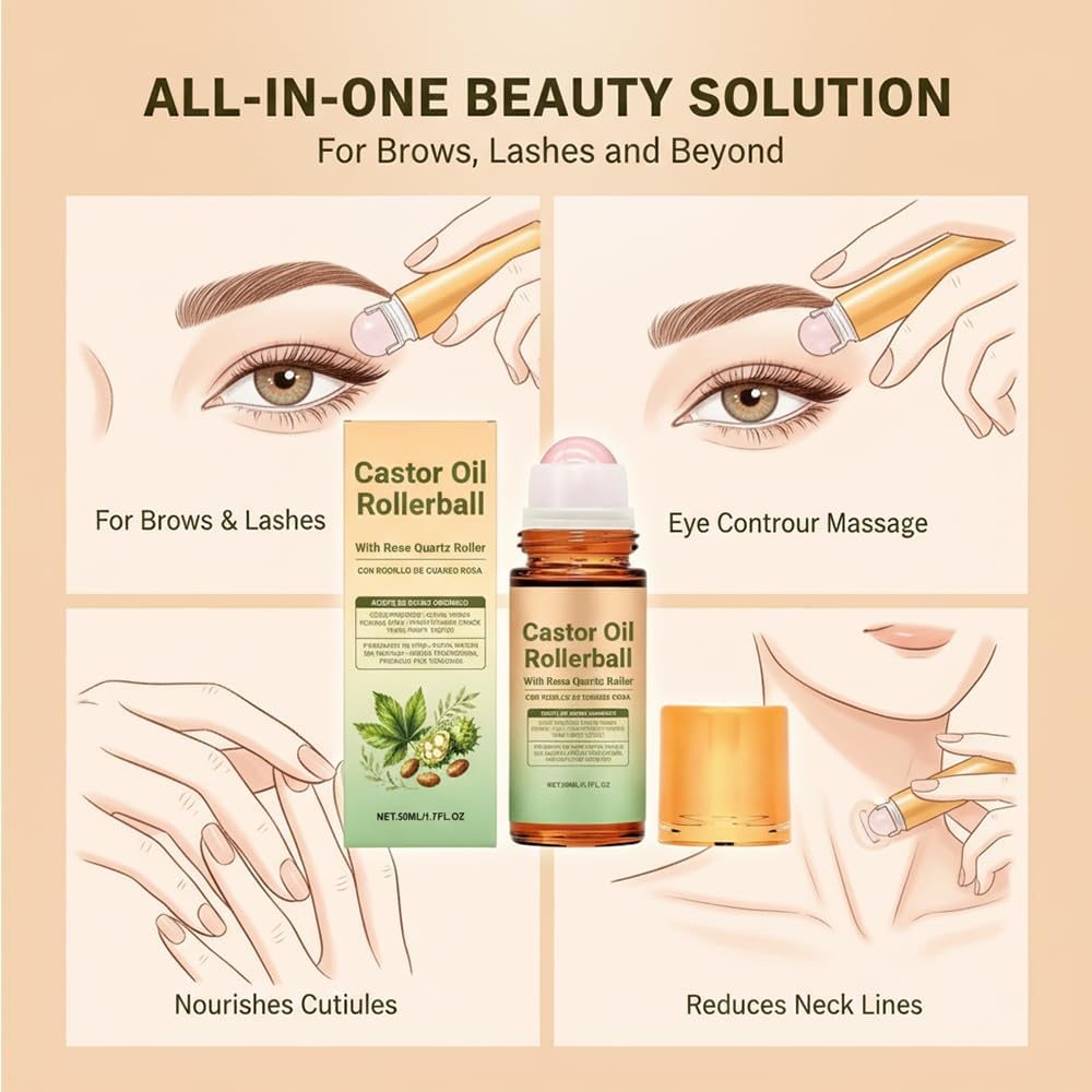 2Pcs Castor Oil With Rose Quartz Roller - 100% Cold Pressed Moisturizing Oil With Rose Quartz Roller Ball For Face And Body, Hair, Eyebrows, Moisturize Skin