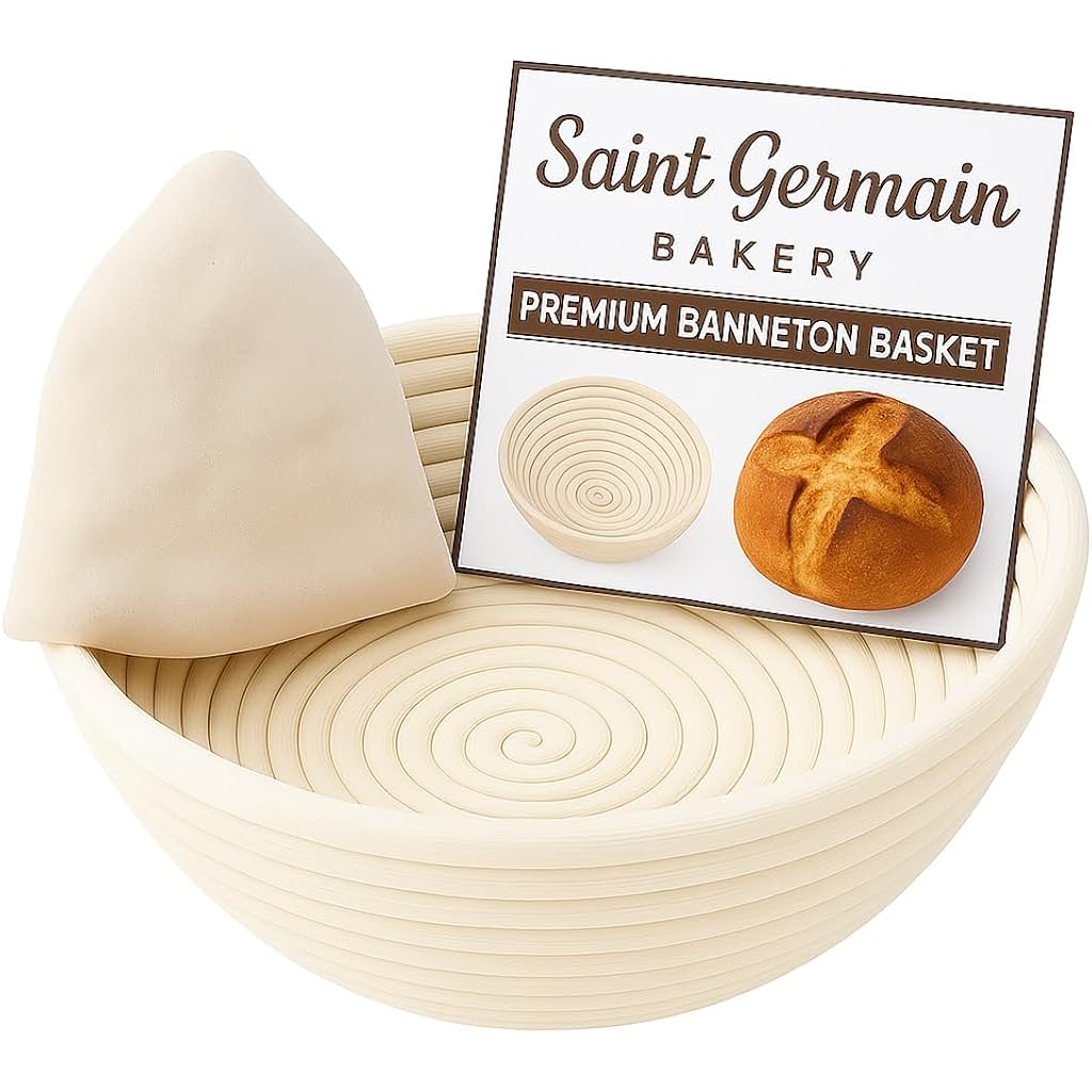 Saint Germain Bakery Premium Round Bread Banneton Basket With Liner - Perfect Brotform Proofing Basket For Making Beautiful Bread (9 Inch)