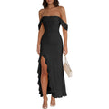 Caracilia Womens Summer Off The Shoulder Formal Bodycon Maxi Dresses High Slit Ruffle Hem Mesh Wedding Guest Cocktail Dress