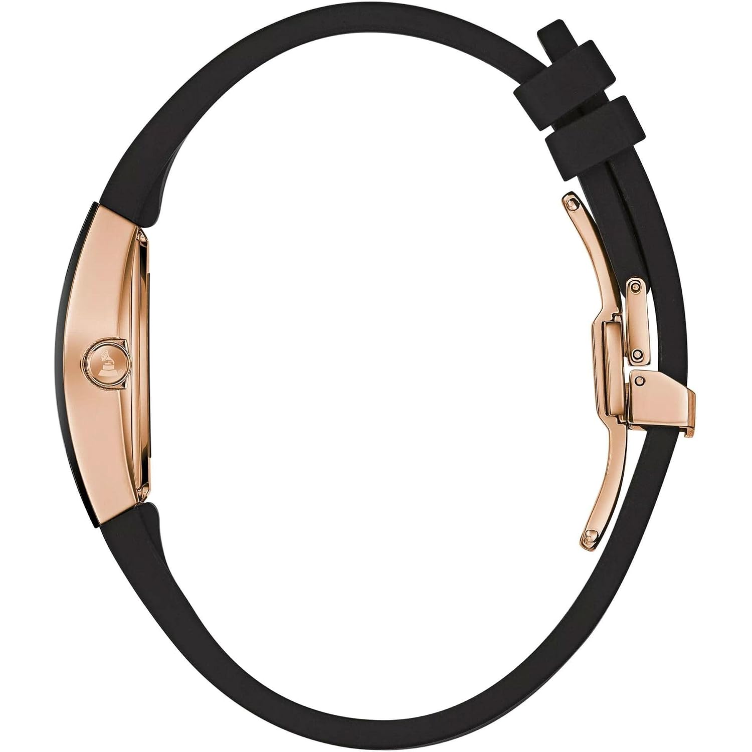 Bulova Latin Grammy Gemini Quartz Rose Gold Stainless Steel Accent With Curved Mineral Crystal And Black Silicone Strap Watch, Ladies