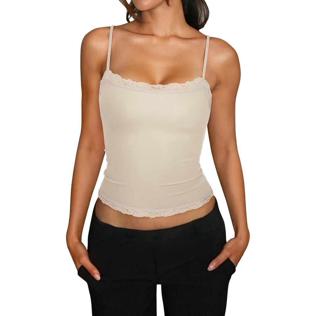 PINKMSTYLE Women's Sexy Square Neck Lace Cami Tank Tops Fitted Double Lined Sleeveless Crop Spaghetti Strap Summer Y2k Tops