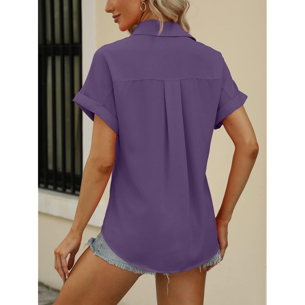 Beautife Button Down Shirts For Womens Short Sleeve Blouses V Neck Collared Casual Summer Tops With Pockets