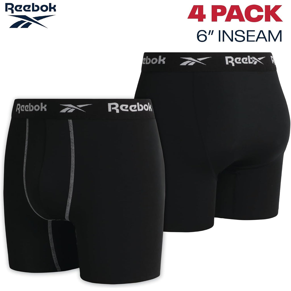 Reebok Men'S Boxer Briefs - 4 Pack 6'' Inseam Stretch Performance Underwear Quick Dry Moisture Wicking Boxers | Athletic Stretch Performance Moisture-Wicking Fabric, No Fly Pouch, Tag-Free Waistband