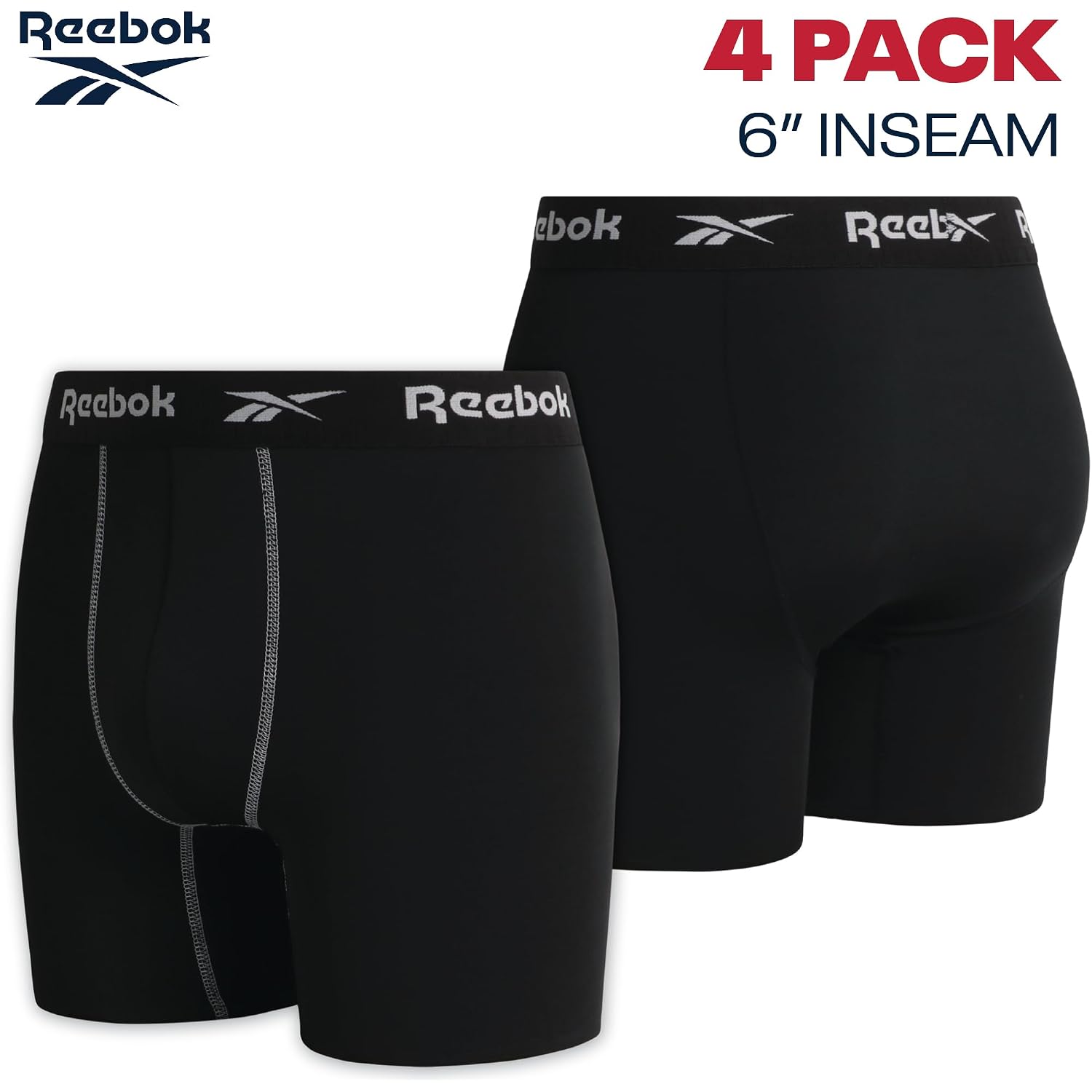 Reebok Men'S Boxer Briefs - 4 Pack 6'' Inseam Stretch Performance Underwear Quick Dry Moisture Wicking Boxers | Athletic Stretch Performance Moisture-Wicking Fabric, No Fly Pouch, Tag-Free Waistband