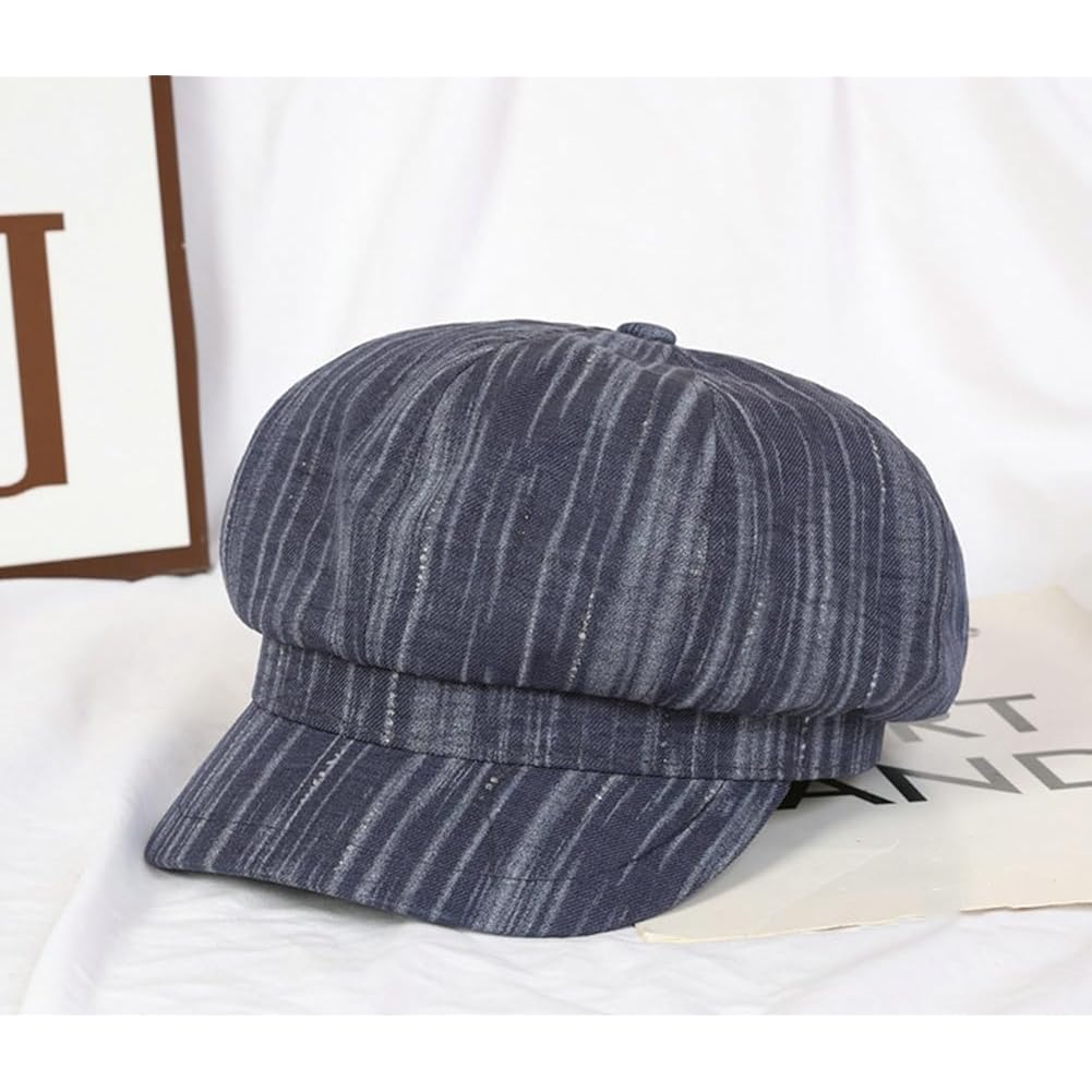 Womens Striped Octagonal Newsboy Cap Vintage Ivy Paperboy Cabbie Gatsby Painter Hats Fashion Beret Hat for Daily Navy-blue